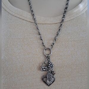 Silver Tone Charm Necklace – Love Heart & Floral Charms – Adjustable